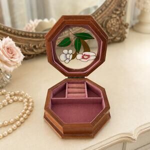 Vintage Octagonal Wood Jewelry Ring Box Hand Painted Floral Glass Lid Pink